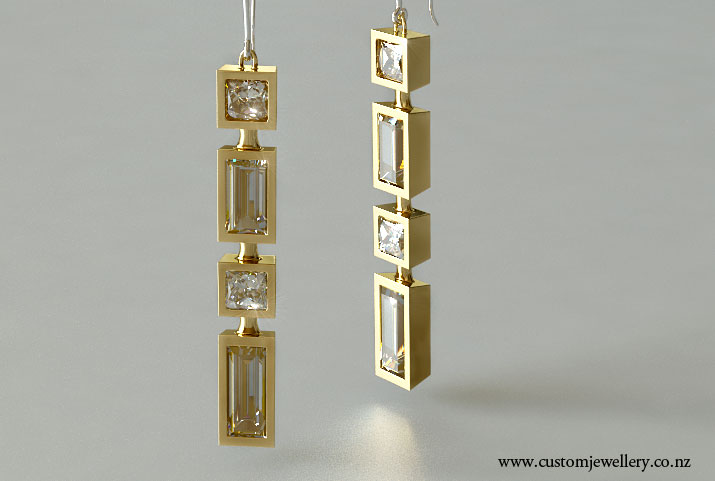 Princess Diamond And Baguette Yellow Gold Earrings New Zealand Bezel Set Princess Cut Diamond And Baguette Yellow Gold Art Deco Earrings