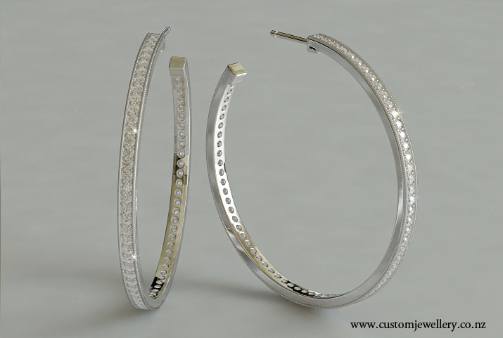 Diamond Hoop Earrings Bead Set with Milgrain