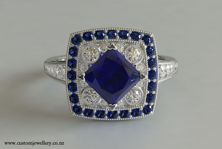 Princess Cut Sapphire Art Deco Ring in Platinum New Zealand