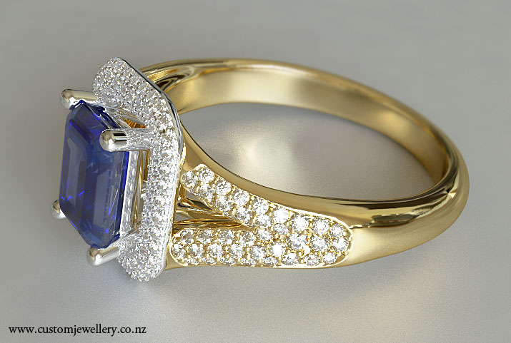 Emerald Cut Sapphire Diamond Pave Yellow Gold Engagement