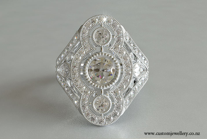 Art Deco 3 Stone Brilliant Cut Diamond Ring