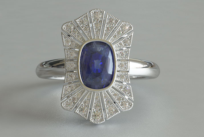 Cushion Cut Sapphire and Diamond Art Deco Vintage Ring New