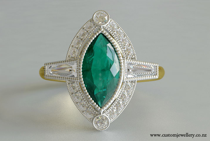 Emerald Marquise Baguette Diamond Art Deco Ring New Zealand