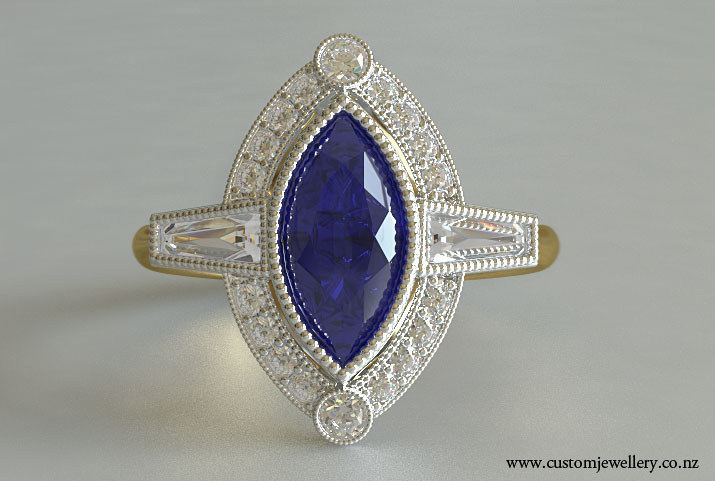 Sapphire Marquise Baguette Diamond Art Deco Ring New Zealand