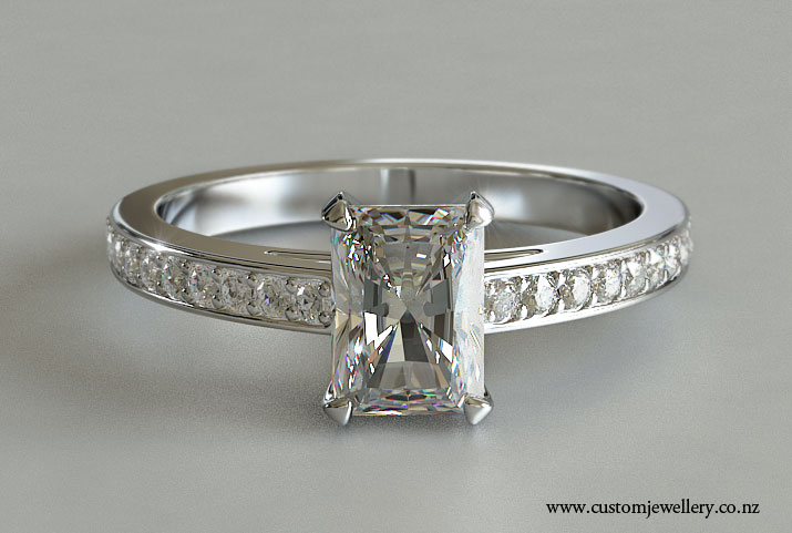 Radiant Cut Diamond Solitaire Engagement Ring Bead Set Shoulder Diamonds