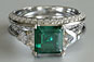 Emerald, trillion cut diamond, 3 stone diamond engagement ring, platinum, white-gold, wedding band