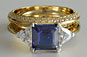 Asscher cut Sapphire, trillion cut diamond, 3 stone diamond engagement ring, platinum, yellow gold, wedding band