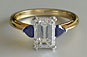 emerald cut three 3 stone diamond engagement ring, heart cut sapphires, emerald cut, yellow 18kt gold