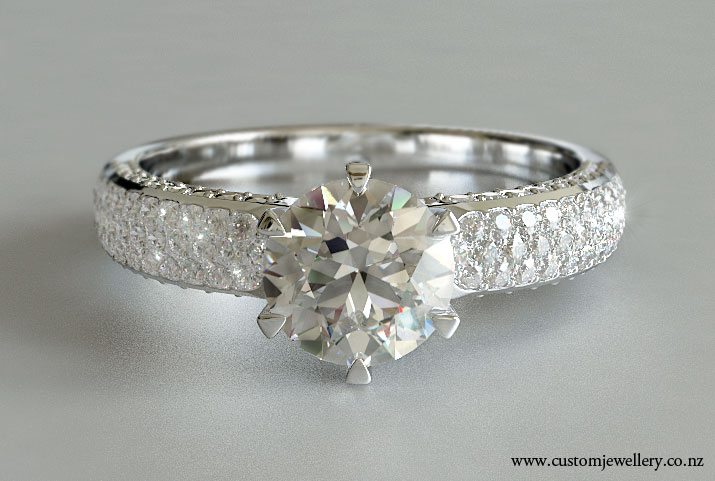 Diamond Engagement Ring Round Brilliant Cut Pave Shoulders