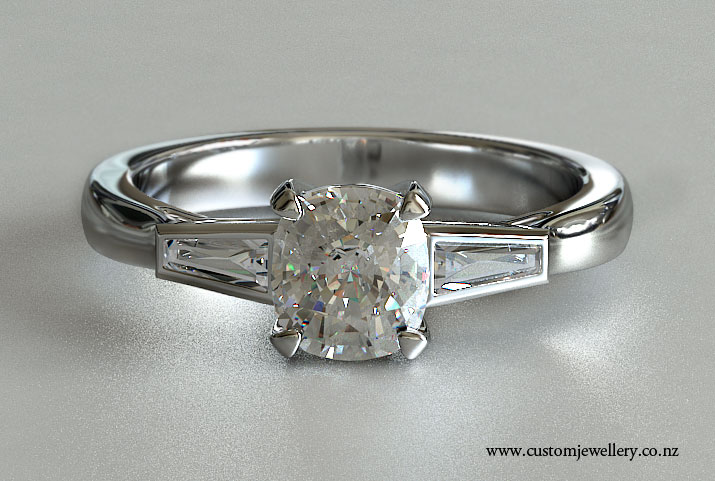 Cushion and Tapered Baguette Diamonds Three-stone Ring