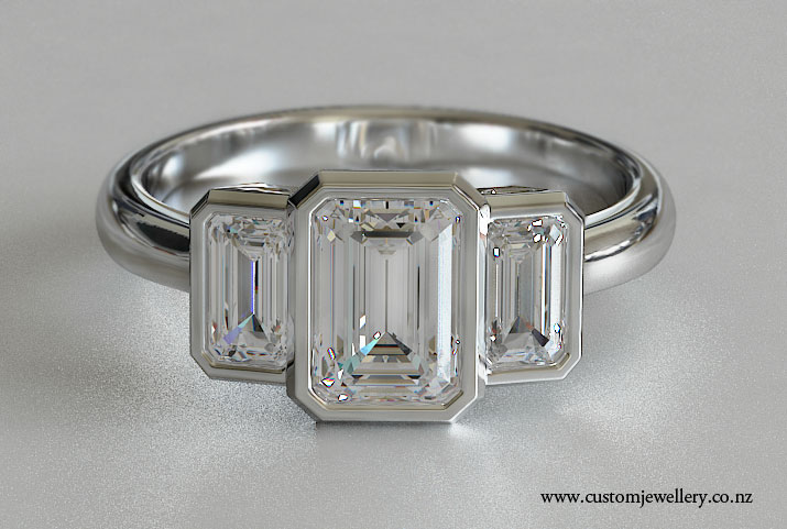 rings nz 021 044 9236 emerald cut 3 stone engagement ring bezel set ...
