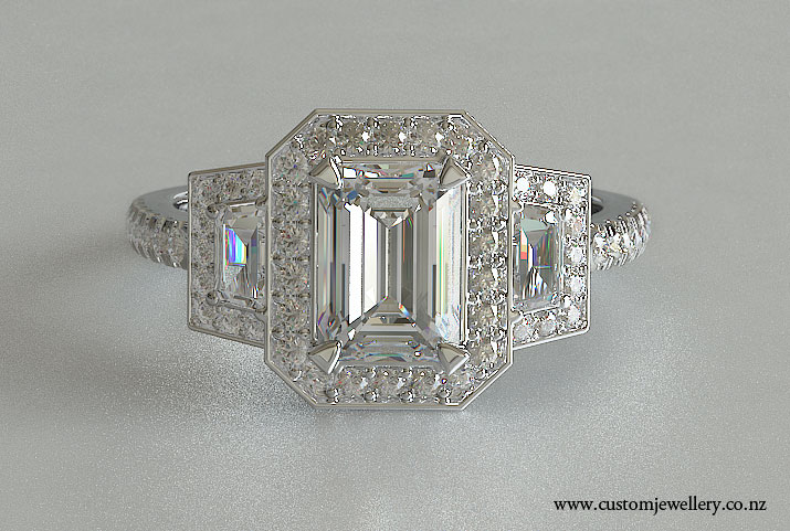 Three Stone Emerald and Trapezoid Halo Style Engagement Ring