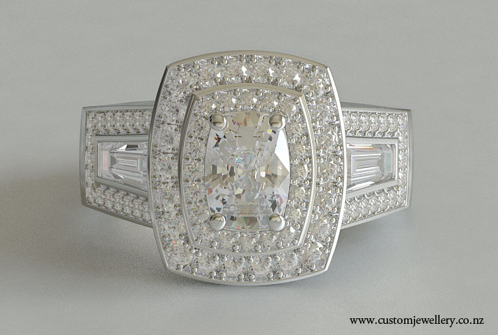Double Halo Three-stone Cushion and Baguette Engagement Ring