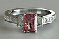 pink sapphire, three-stone engagement ring, princess diamonds