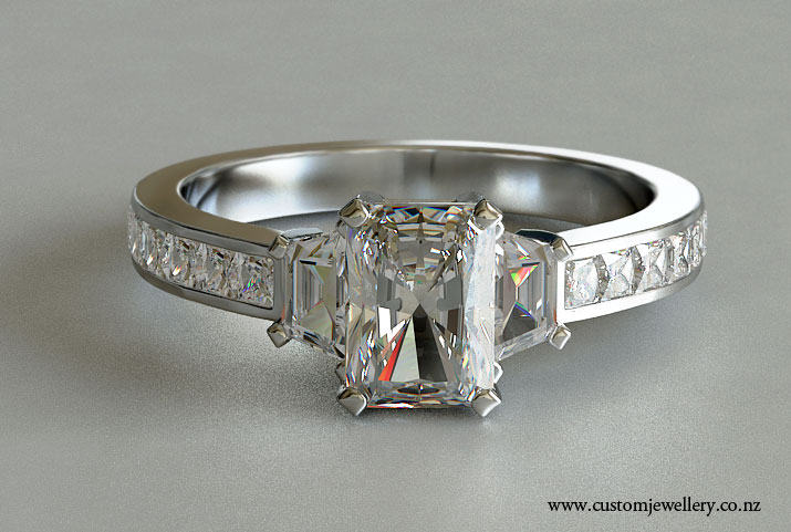 Radiant Cut Diamond and Trapezoid Three-stone Engagement Ring