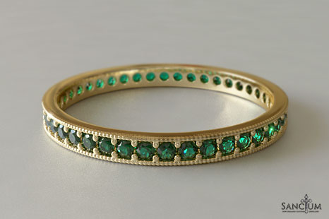 Yellow Gold Emerald Wedding Band Antique Style Bead Set with Milgrain ...