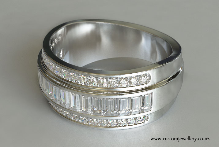 Step shank channel set baguette diamond wedding ring with bead set ...