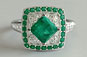 princess cut emerald, round brilliant cut diamond, white gold art deco vintage ring, platinum ring