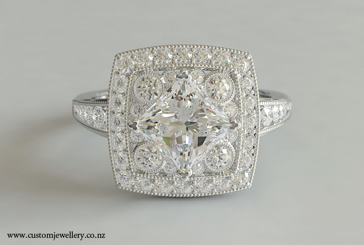 Princess and Round Cut Art Deco Ring in Platinum