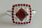 princess cut ruby, round brilliant cut diamond, white gold art deco vintage ring, platinum ring