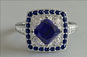 princess cut sapphire, round brilliant cut diamond, white gold art deco vintage ring, platinum ring