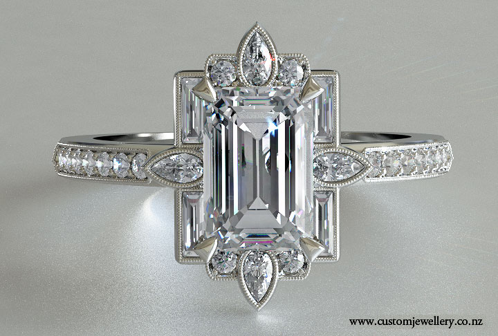 Edwardian Art Deco Emerald Cut Diamond Engagement Ring