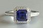 sapphire engagement ring, asscher cut, diamond halo style ring