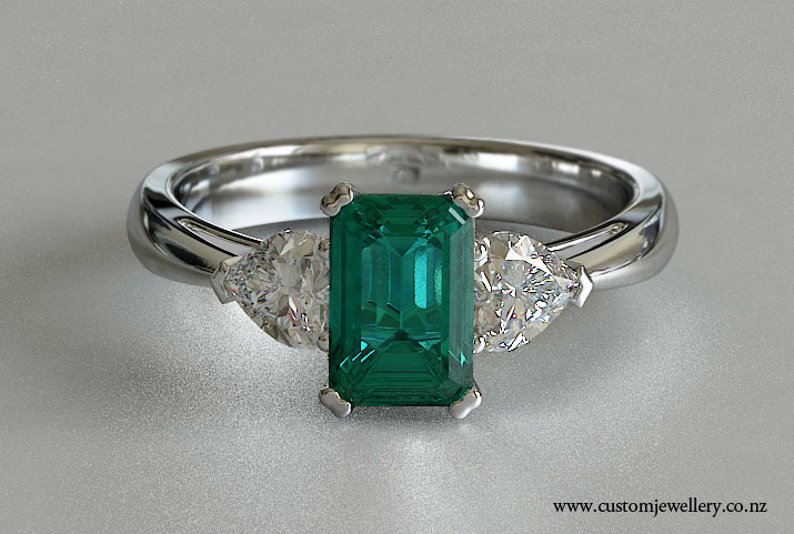 Three-stone Emerald and Diamond White Gold Diamond Engagement Ring New ...