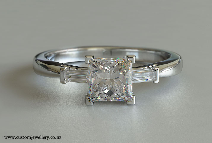 3-Stone Princess Cut Diamond Engagement Ring - Baguette Sides