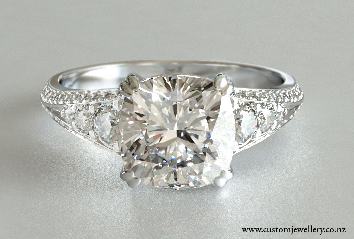 Cushion Cut Split Shank Knife Edge Diamond Engagement Ring