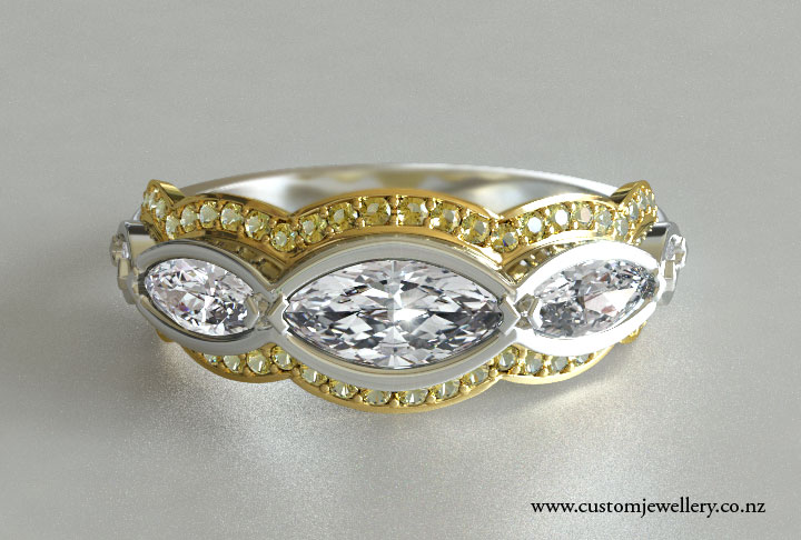 Marquise Cut Diamonds and Round Citrine Two-tone Ring