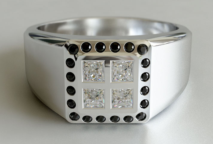 Mens Princess Cut and Black Diamond Ring