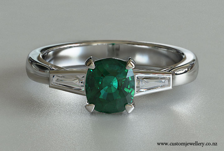 Cushion Cut Emerald Tapered Baguette Three-stone Engagement Ring New ...