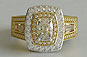 Double Halo Three-stone Cushion and Baguette Engagement Ring Yellow Gold