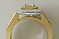 Double Halo Three-stone Cushion and Baguette Engagement Ring Yellow Gold