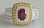 Cushion Cut Ruby and Baguette 3 Stone Double Halo Engagement Ring