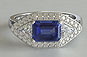 White Gold or Platinum Emerald Cut Sapphire Engagement Ring Trillion Side Stones