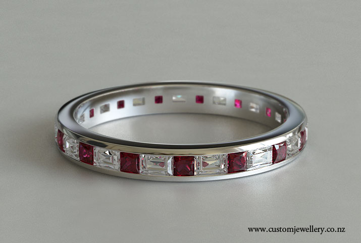 Baguette Diamonds And Princess Cut Ruby Wedding Ring Or Eternity Channel Set Baguette Diamonds And Princess Ruby Full Eternity Ring Or Wedding Band